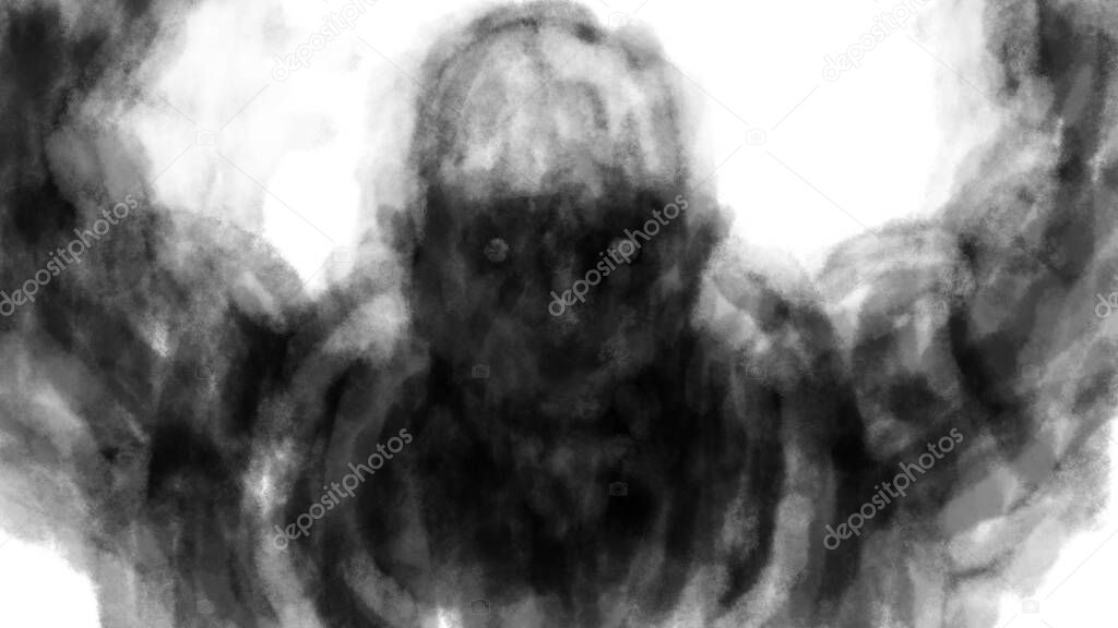 Evil zombie astronaut attacks with his hands up. Creepy illustration in horror fiction genre. Coal and noise effect. Black and white.