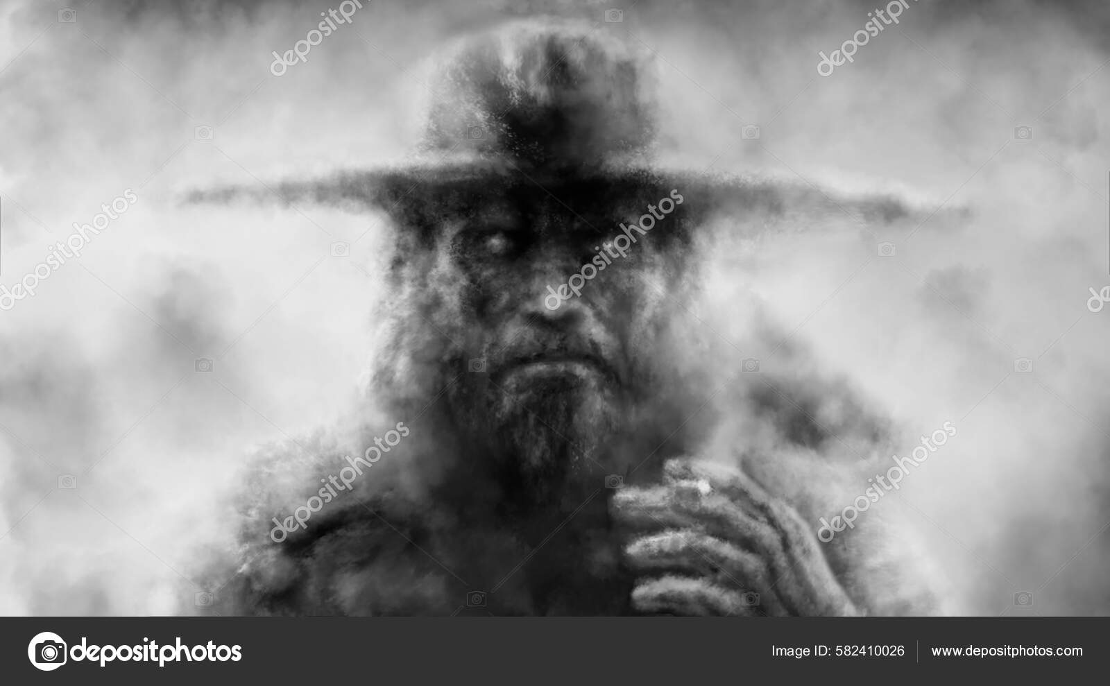 Evil Sorcerer Face Illustration Dark Man Big Hat Smokes Cigarette