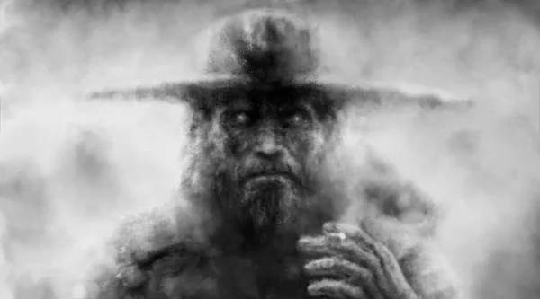 魔術師の顔のイラスト 大きな帽子の暗い男はタバコを吸う ウォーロックは怒って前を見る 石炭と騒音効果 悲観的な性格の概念 悪夢のための不気味な芸術 怖い地獄の人 ロイヤリティフリーのストック写真