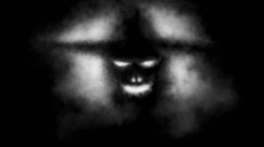 Dark scarecrow in hat. Luminous mouth and eyes. Scary 2D illustration. Horror fantasy theme. Abstract graphics. Gloomy character concept art for Halloween. Coal and noise effect. Black and white.