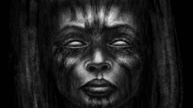 Scary witch emerge from dark and look evil eyes. Spooky demon girl illustration. Horror fantasy genre. Gloomy character from nightmare digital art. Coal and noise effect. Black and white background.
