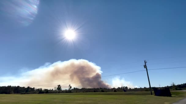 Pan Hermoso Paisaje Campestre Una Nube Fuego Forestal Humo Distancia — Vídeos de Stock