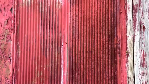 Pan Abandoned Rustic Red Painted Metal Wall Boarded Door Rural — Stock Video