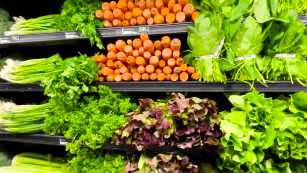 Slow Pan Beautiful Fresh Produce Wall Retail Grocery Store — Stock Video