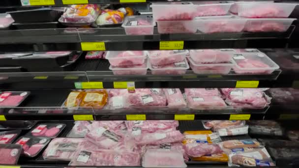 Grovetown Usa Aldi Kiskereskedelmi Élelmiszerbolt Belső Billenthető Fel Húskészítmények Árak — Stock videók