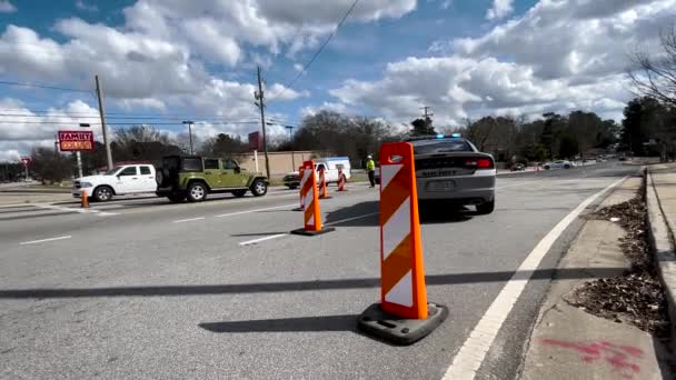 Augusta Usa Road Paving Construction Scene Police Block Lanes Low — 图库视频影像