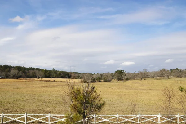 Burke County, Ga USA - 01: 25 Gürcistan kırsalında beyaz ahşap çit ve tarım arazisi