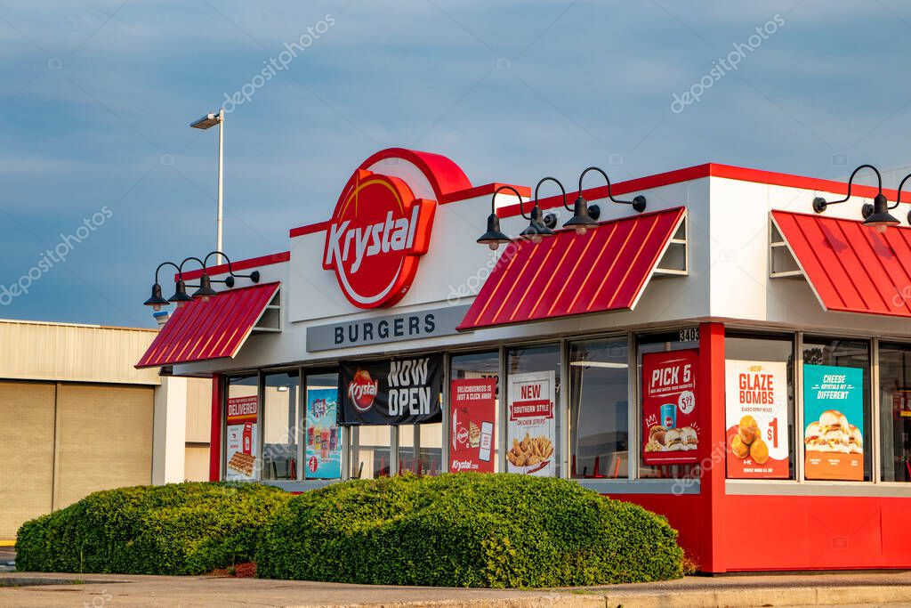 Augusta, Ga USA - 07 25 21: Krystal fast food restaurant exterior close up