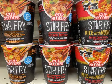 Grovetown, Ga USA - 07 24 22: Retail grocery store Stir Fry noodle cups variety