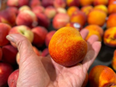 Hand holding peaches fresh piles in background fresh market