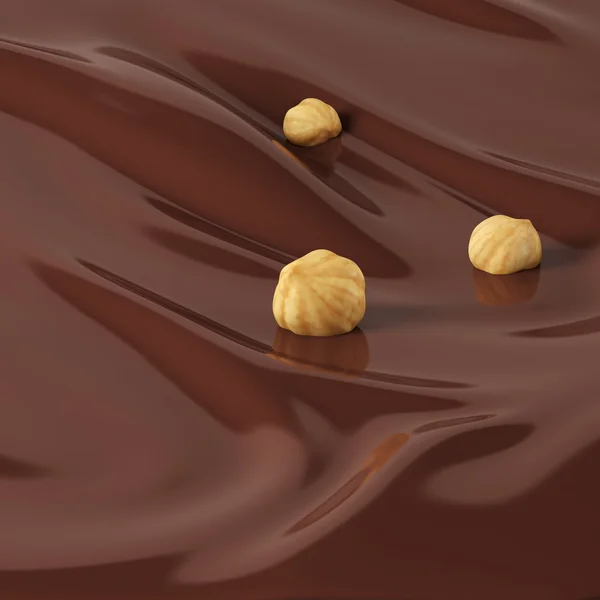 Nuts on milk chocolate flow background — Stock Photo, Image