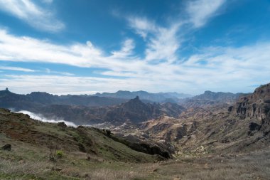  Panoramik manzara. Arkasında Rock Bentayga olan Gran Canaria adasının manzarası