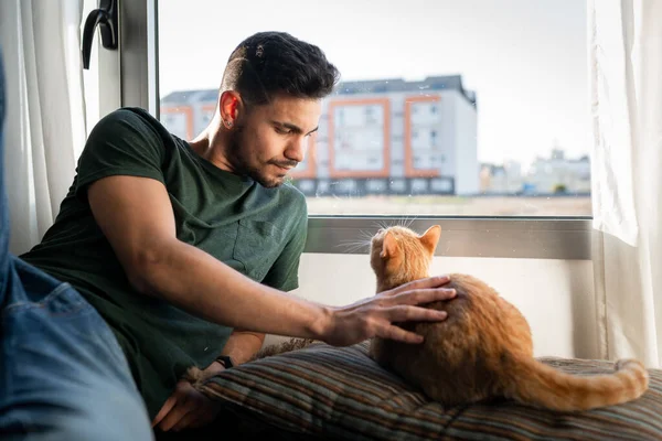 남자가 고양이 의등을 — 스톡 사진