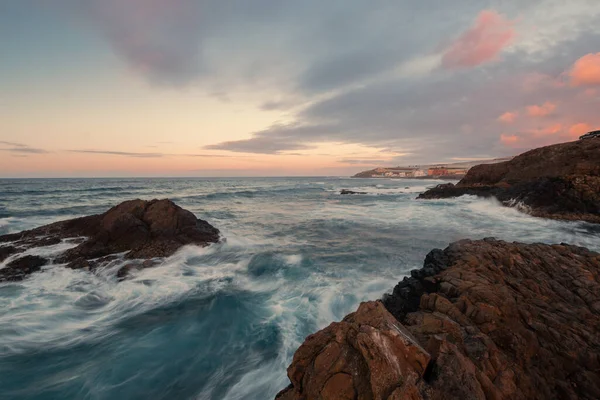 Los Dos Roques Meereslandschaft Bei Sonnenuntergang Galdar Gran Canaria Kanarische — Stockfoto