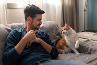 Genç adam kanepede kahverengi ve beyaz bir kediyle oynuyor. Kapat.