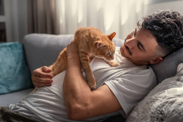 Kanepede uzanmış genç bir adam kahverengi bir tekir kediyle etkileşime geçiyor.