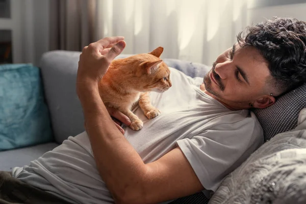 소파에 젊은이는 고양이와 작용한다 — 스톡 사진