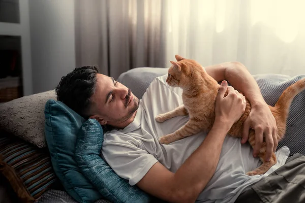靠近点年轻人躺在沙发上 抱着一只棕色的肥猫 — 图库照片