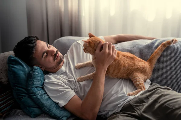 Kapat. Genç adam kanepede uzanıyor, kahverengi tekir kediye sarılıyor.