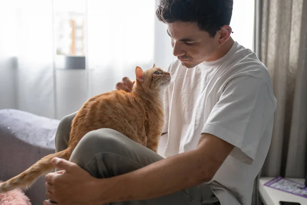 Cerca Joven Hombre Interactúa Con Marrón Gato Tabby Por Ventana — Foto de Stock
