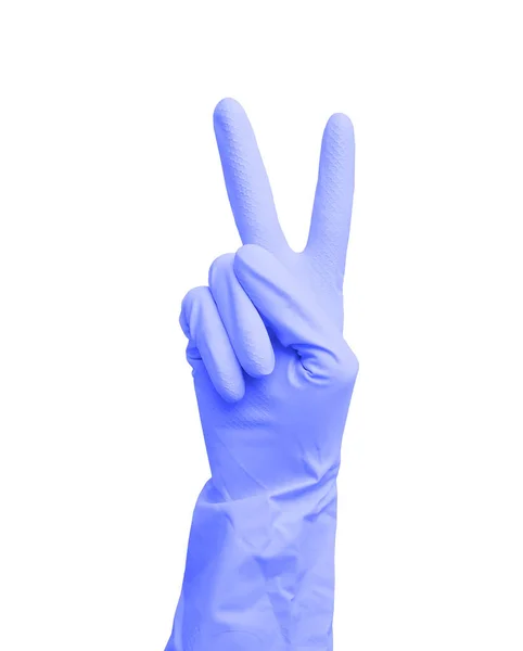 Hand Blue Rubber Glove Showing Victory Gesture Isolated White Background — Stock Photo, Image