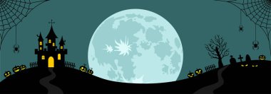 Dolunay ve kalenin siyah siluetleri, ağ ören örümcekler, balkabakları, kopya alanı olan mavi arka planda bir mezarlık. Cadılar Bayramı afişi. Düz vektör illüstrasyonu