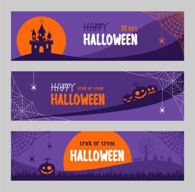 İnternet siteleri ve sosyal medya için Cadılar Bayramı afişleri. Mor ve turuncu düz vektör çizimi