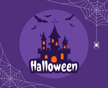 Şato, yarasalar ve dolunay mor arka planda beyaz örümcek ağı çerçeveli. Cadılar Bayramı düz çizimi