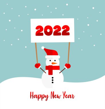 Kırmızı şapkalı, eldivenli ve eşarplı kardan adam, kar yağan mavi ve beyaz arka planda 2022 numaralı tabağı tutuyor. Mutlu yıllar 2022 tebrik kartı. Düz vektör illüstrasyonu