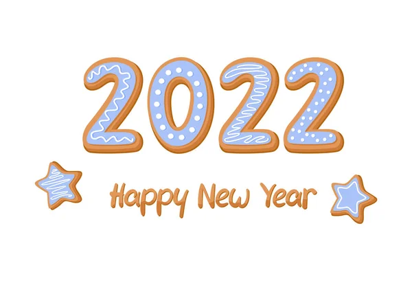 Feliz Ano Novo 2022 Biscoitos Gengibre Com Cobertura Azul Forma —  Vetores de Stock