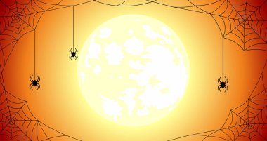 Örümcekli siyah örümcek ağı ve turuncu bir arka planda parlak dolunay. Kopya alanı olan Cadılar Bayramı arkaplanı