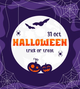 Beyaz örümcek ağında balkabakları, yarasalar ve örümcekler ve mor arka planda dolunay. Cadılar Bayramı duyurusu 