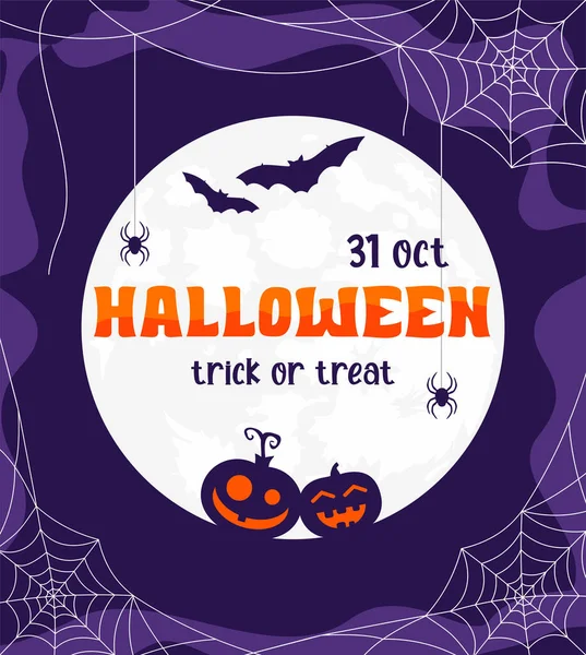 Beyaz örümcek ağında balkabakları, yarasalar ve örümcekler ve mor arka planda dolunay. Cadılar Bayramı duyurusu 