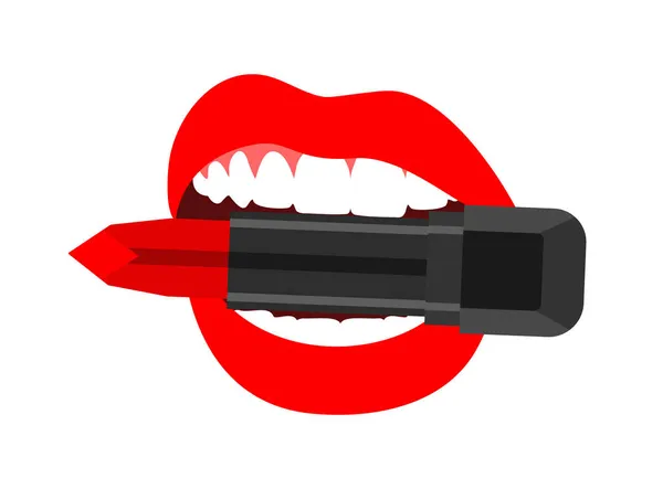 Otwarte Usta Kobiety Czerwonymi Ustami Białymi Zębami Trzymającymi Czerwoną Szminkę — Wektor stockowy