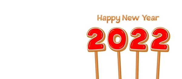祝2022年新年快乐 带有红色糖霜的姜饼 编号2022 贴在白色背景上 有复制空间 平面矢量图解 — 图库矢量图片