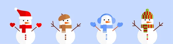 Schneemänner Bunten Hüten Und Schals Auf Blauem Hintergrund — Stockvektor