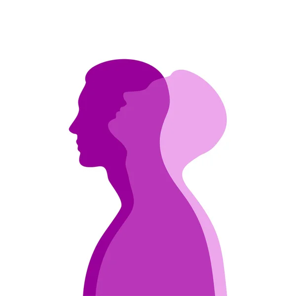 半透明の投影を見上げ プロファイルで紫色の男性のシルエット 精神衛生の概念 二重性と隠された感情 — ストックベクタ