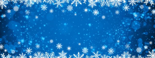 Rahmen Mit Schneeflocken Auf Blauem Gradienten Hintergrund Mit Bokeh Und — Stockfoto