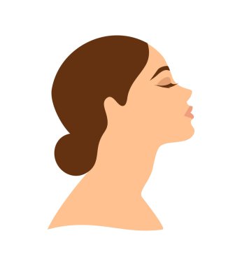 Beyaz arkaplanda gözleri kapalı güzel kahverengi saçlı bir kadının portresi. Yan görüş. Düz vektör illüstrasyonu