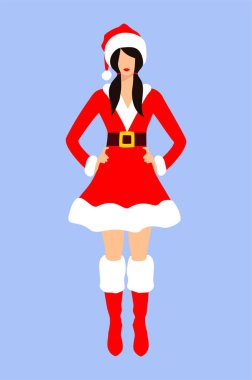 Beautiful Mrs. Claus with ponytails in short red and white dress, hat and shoes on a blue background. Christmas character. Flat vector illustration vector