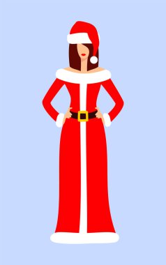 Kırmızılı güzel kahverengi saçlı Noel Anne, beyaz elbiseli ve mavi şapkalı. Noel karakteri. Düz vektör illüstrasyonu