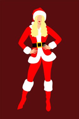 Beyaz kürklü, kırmızı topuklu güzel sarışın Noel Baba. Noel karakteri. Düz vektör illüstrasyonu
