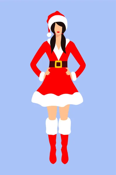 Kırmızı beyaz elbiseli, kısa saçlı, şapkalı ve mavi arka planda ayakkabılı güzel Noel Anne. Noel karakteri. Düz vektör illüstrasyonu