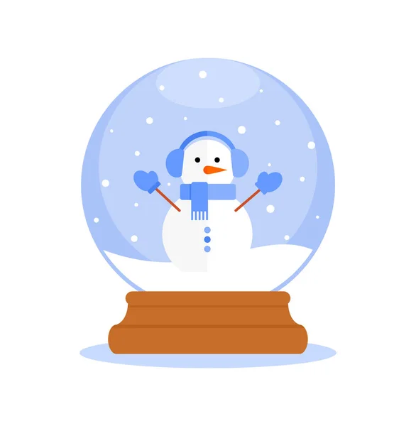 Weihnachten Schneeglaskugel Mit Schneemann Blauen Kopfhörern Schal Und Fäustlingen Flache — Stockvektor