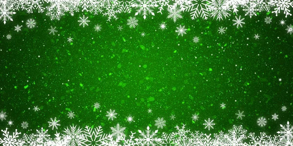 Rama Białych Płatków Śniegu Błyszczącym Zielonym Tle Sztandar Świąteczny — Zdjęcie stockowe