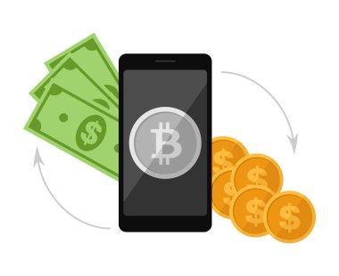 Gümüş bitcoin sembollü akıllı telefon ve kağıt dolar ve bozuklukları gösteren oklar. Kripto para teknolojisi ve bitcoin değişimi. Düz vektör illüstrasyonu