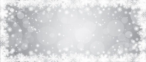 Glänsande Vit Ram Med Snöflingor Silvergrå Bokeh Bakgrund Festlig Jul — Stockfoto