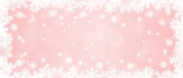 Glanzend Wit Frame Met Sneeuwvlokken Een Zachte Roze Bokeh Achtergrond — Stockfoto