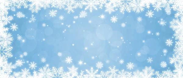 Glänsande Vit Ram Med Snöflingor Ljusblå Bokeh Bakgrund Festlig Jul — Stockfoto
