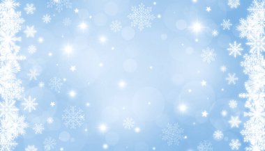 Açık mavi arka plan üzerinde kar taneleri olan parlak beyaz bir çerçeve. Yıldızlar ve ışıltılar. Şenlikli Noel bayrağı